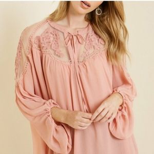 Lace boho long sleeved chiffon top blush M/L